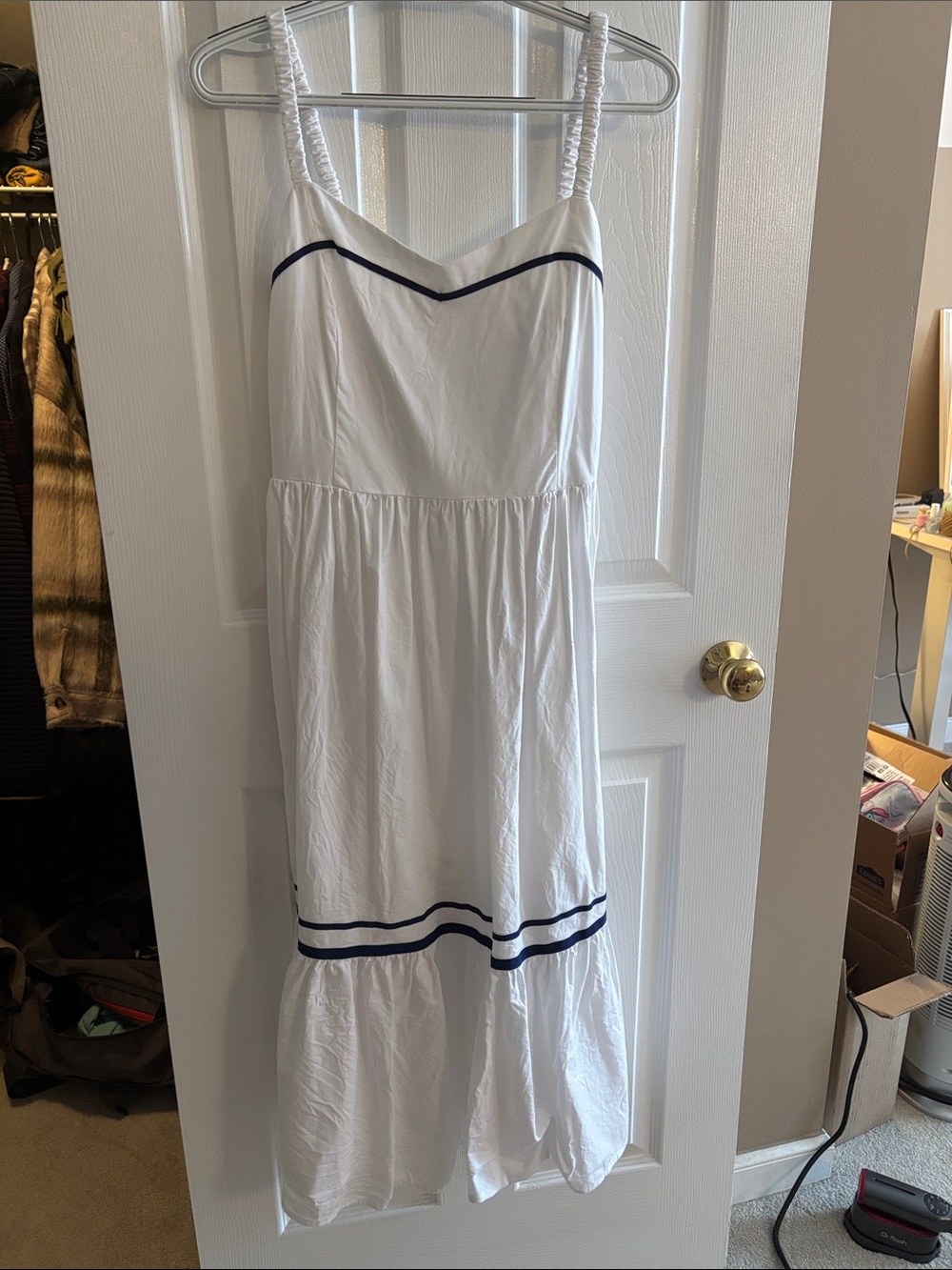 JCrew White Sleeveless Midi Dress with Navy Trim